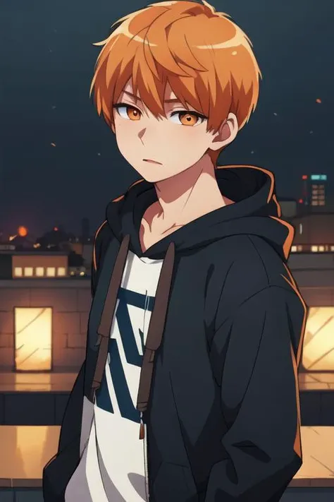 masterpiece, best quality, illustration, 1boy, solo, male focus, looking at viewer, , depth of field, <lora:tsukasa_kazuki:0.64>, tsukasa_kazuki, orange hair, orange eyes, hoodie,