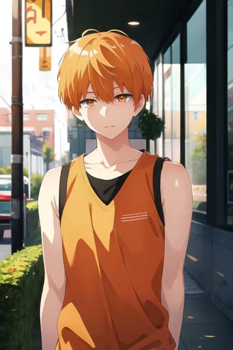 masterpiece, best quality, illustration, 1boy, solo, male focus, looking at viewer, , depth of field, <lora:tsukasa_kazuki:0.72>, tsukasa_kazuki, orange hair, orange eyes, tank top,