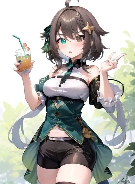 best quality, (masterpiece),(ultra-detailed), (high quality), (high resolution), <lora:meica-10:0.7>,1girl, ahoge, black shorts, blush, braid, breasts, brown eyes, brown hair, detached sleeves, drink, frilled sleeves, green background, green bow, green eyes, hair between eyes, hair ornament, heterochromia, holding weapon, looking at viewer, meica, nail polish, ribbon, short sleeves, signature, solo, star hair ornament, virtual youtuber, witch
