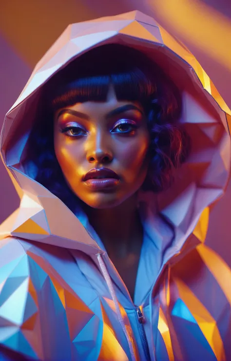 holography. dark fashion photoshoot close-up of a shallow depth of field beautiful Cape Verdean woman with a hungry expression (curvy and busty:1.5) wearing a holographic (lowpoly:3) raincoat and white shirt with gorgeous everyday makeup, detailed face, stunning beauty, detailed skin, skin texture, skin pores, (freckles:0.9), <lora:Holography:0.8>, dichroic film, dimly lit, low lit, glossy and shiny, two tone lighting, shallow depth of field, 4k, 8k, highly detailed, shot by Ellen Von Unwerth, geometric gradients in the background