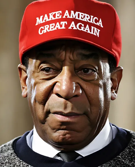 man wearing red maga hat. centered. Bill Cosby. looking at viewer. text "make america great again". epic. highres. detailed. realistic. hat focus. best quality. masterpiece.([:hat with text "make america great again":0.25]:1.1). <lora:maga_hat_optimized:1>