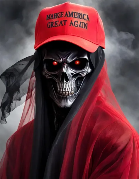 ethereal misty portrait of the grim reaper wearing black gossamer veils over a red maga baseball hat
