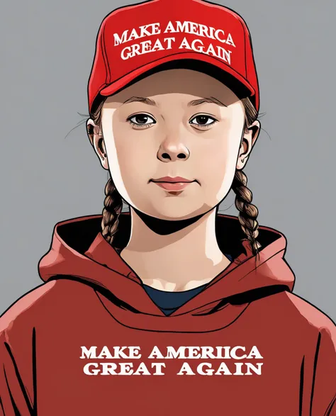 man wearing red maga hat. upper body. anime cartoon illustration. comics style. Greta Thunberg. professional. photo. high quality. highres. ([:hat with text "make america great again":0.25]:1.1). <lora:maga_hat_optimized:0.95>