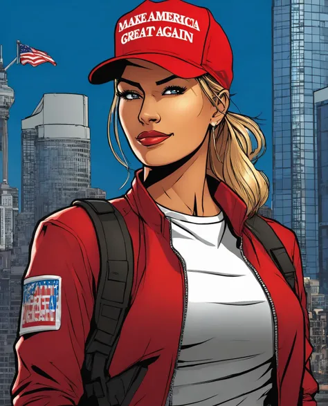 woman wearing red maga hat. upper body. cyberpunk city at background illustration. comics style. actress. professional. photo. high quality. highres. ([:hat with text "make america great again":0.25]:1.1). <lora:maga_hat_optimized:0.95>