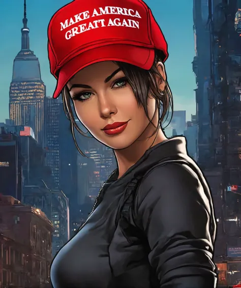 woman wearing red maga hat, upper body, cyberpunk city at background illustration, comics style, actress , professional, photo, high quality, highres, ([:hat with text "make america great again":0.25]:1.1),
 <lora:maga_hat_1-000140:0.95>