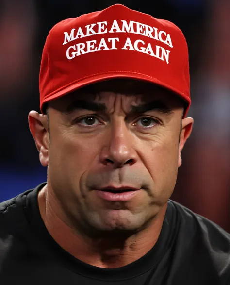 man wearing red maga hat. centered. Joe Rogan. looking at viewer. text "make america great again". epic. highres. detailed. realistic. hat focus. best quality. masterpiece.([:hat with text "make america great again":0.25]:1.1). <lora:maga_hat_optimized:1>