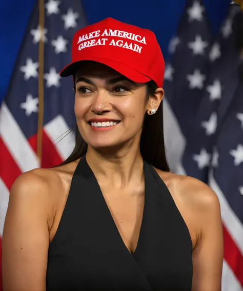 woman wearing red maga hat, upper body, fire at background, Alexandria Ocasio-Cortez, horror theme , professional, photo, high quality, highres, ([:hat with text "make america great again":0.25]:1.1),
 <lora:maga_hat_1-000140:0.9>