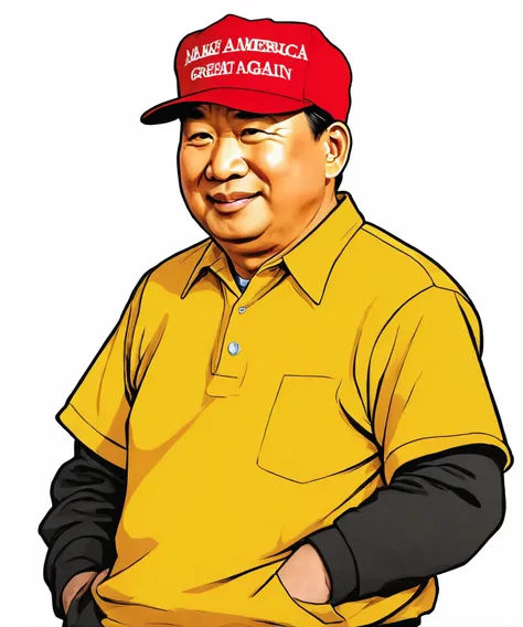 man wearing red maga hat, upper body, anime cartoon illustration, comics style, Xi Jinping as winnie the pooh , professional, photo, high quality, highres, ([:hat with text "make america great again":0.25]:1.1),
 <lora:maga_hat_1-000140:0.95>