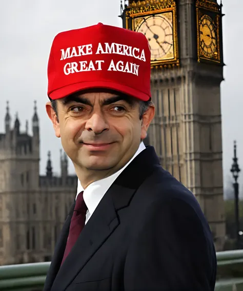 man wearing red maga hat, upper body, london big ben at background, comedian mister bin Rowan Atkinson, professional, photo, high quality, highres, ([:hat with text "make america great again":0.25]:1.1),
 <lora:maga_hat_1-000140:1.0>