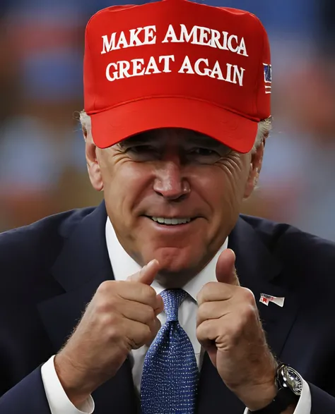 man wearing red maga hat. centered. Joe Biden. looking at viewer. text "make america great again". epic. highres. detailed. realistic. hat focus. best quality. masterpiece.([:hat with text "make america great again":0.25]:1.1). <lora:maga_hat_optimized:1>