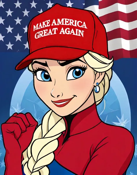 elsa from frozen wearing red maga hat. upper body. cartoon. professional. photo. high quality. highres. ([:hat with text "make america great again":0.15]:1.1).  
<lora:maga_hat_optimized:1.0>