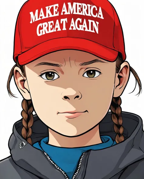 man wearing red maga hat. upper body. anime cartoon illustration. comics style. Greta Thunberg. professional. photo. high quality. highres. ([:hat with text "make america great again":0.25]:1.1). <lora:maga_hat_optimized:0.95>