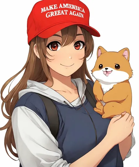 woman wearing red maga hat, upper body, anime cute animals background illustration, comics style, cute anime 1girl , professional, photo, high quality, highres, ([:hat with text "make america great again":0.25]:1.1),
 <lora:maga_hat_1-000140:0.95>