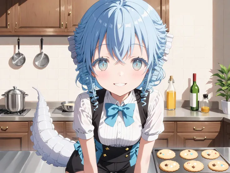 ((masterpiece, best quality:1.5, extremely detailed
1girl, <lora:Fa__PonyXL:1> Fa, smile, one dragon tail
white blouse, shorts, bowtie, small breasts, blue hair, blue eyes
pose: looking at viewer, small smile, baking cookies
background: kitchen