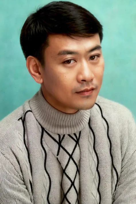 best quality, masterpiece, Asian men,mole, solo, lips, grey_background, mole_under_eye, realistic, upper_body, looking_at_viewer, black_hair, brown_eyes, sweater, forehead, nose, turtleneck, <lora:luowen:0.8>