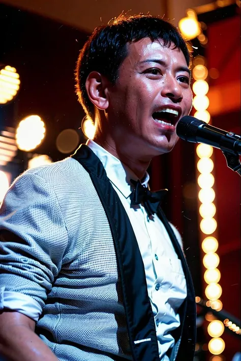 best quality, ultra high res, (photorealistic:1.4), masterpiece, Concert background,1boy,standing,On stage,sing(looking at viewer), <lora:luowen:0.8>