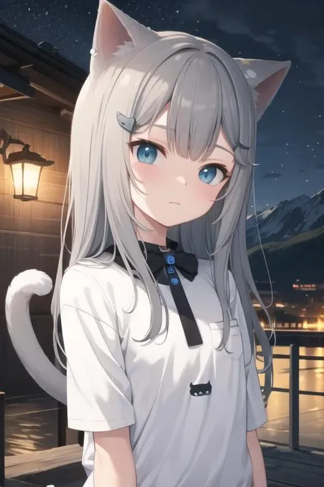 <lora:NachoNeko-UC-V1:1>, nachoneko, outdoors, cat ears, cat tail, animal ears, stars, night, rivers, mountains