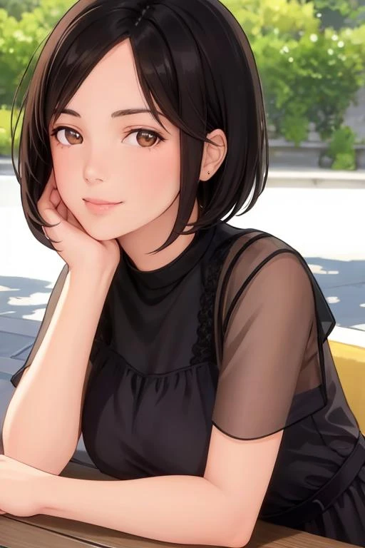 portrait of one girl, upper body, short black hair, brown eyes, wearing, cotton summer dress with flower, Sitting on an outdoor terrace and drinking a cocktail in Paris, sunny day, ultra-detailed face, ultra-detailed eyes, best quality, masterpiece, 4k, photography, realistic, dynamic light, perfect face, looking at viewver, <lora:Agathe:0.8> smile <lora:a_line_hairstyle:0.2> a_line_haircut