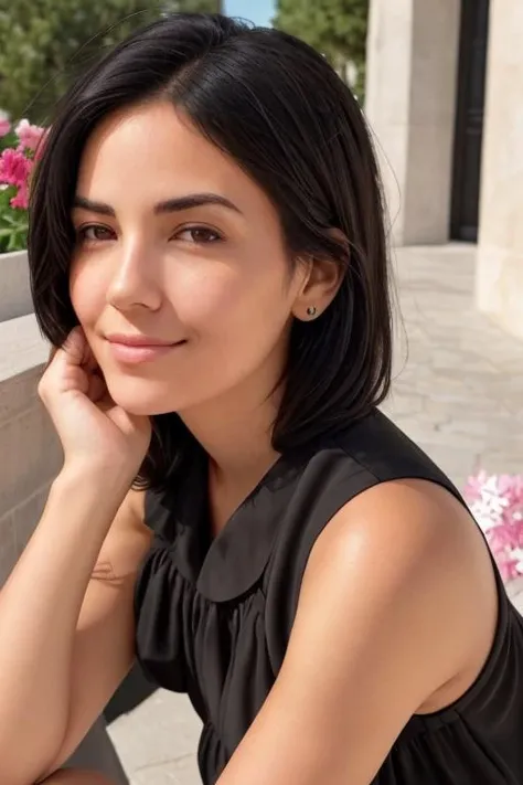 portrait of one girl, upper body, short black hair, brown eyes, wearing, cotton summer dress with flower, Sitting on an outdoor terrace and drinking a cocktail in Paris, sunny day, ultra-detailed face, ultra-detailed eyes, best quality, masterpiece, 4k, photography, realistic, dynamic light, perfect face, looking at viewver,  <lora:Agathe:0.8> smile  <lora:a_line_hairstyle:0.2> a_line_haircut