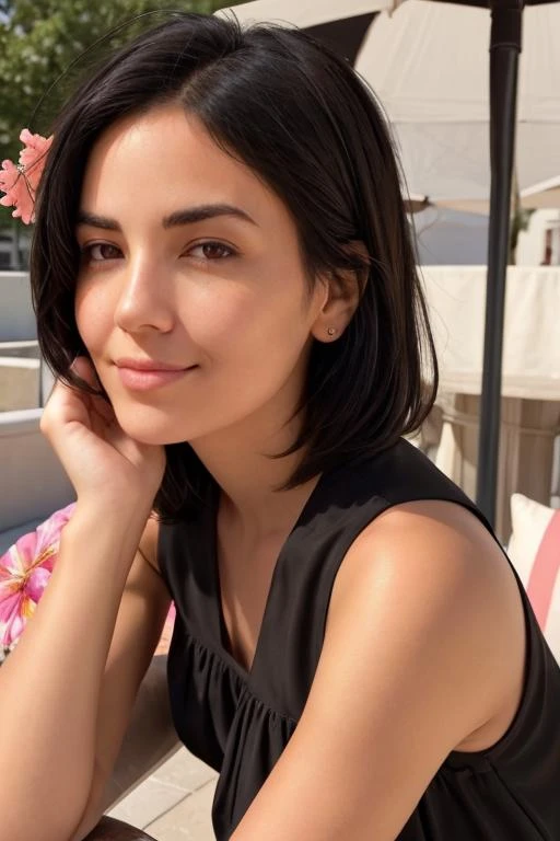 portrait of one girl, upper body, short black hair, brown eyes, wearing, cotton summer dress with flower, Sitting on an outdoor terrace and drinking a cocktail in Paris, sunny day, ultra-detailed face, ultra-detailed eyes, best quality, masterpiece, 4k, photography, realistic, dynamic light, perfect face, looking at viewver,  <lora:Agathe:0.8> smile  <lora:a_line_hairstyle:0.2> a_line_haircut