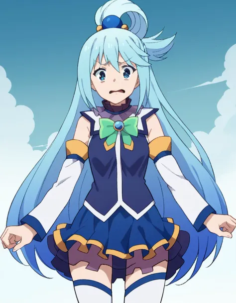 score_9, score_8_up, score_7_up, source_anime,
konosubaaqua, <lora:konosuba-aqua-s2-ponyxl-lora-nochekaiser:1>,
aqua \(konosuba\), long hair, blue eyes, hair ornament, very long hair, blue hair, hair rings, single hair ring, hair bobbles,
skirt, shirt, thighhighs, bare shoulders, detached sleeves, white thighhighs, blue skirt, blue shirt, green bow,
scared, <lora:fog-ponyxl-lora-nochekaiser:1>, fog,
looking at viewer, cowboy shot, dutch angle, solo,