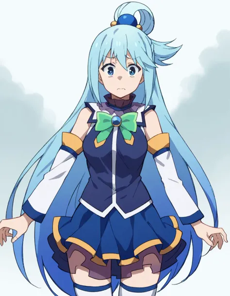 score_9, score_8_up, score_7_up, source_anime,
konosubaaqua, <lora:konosuba-aqua-s2-ponyxl-lora-nochekaiser:1>,
aqua \(konosuba\), long hair, blue eyes, hair ornament, very long hair, blue hair, hair rings, single hair ring, hair bobbles,
skirt, shirt, thighhighs, bare shoulders, detached sleeves, white thighhighs, blue skirt, blue shirt, green bow,
scared, <lora:fog-ponyxl-lora-nochekaiser:1>, fog,
looking at viewer, cowboy shot, dutch angle, solo,