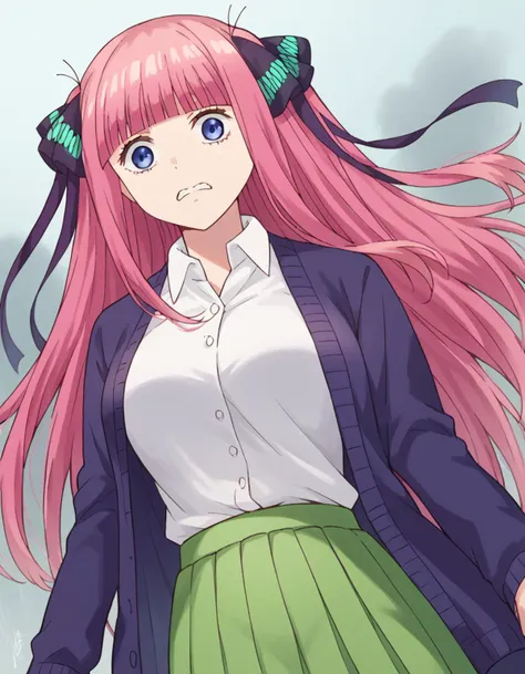 score_9, score_8_up, score_7_up, source_anime,
ninonakano, <lora:nino-nakano-s1-ponyxl-lora-nochekaiser:1>,
nino nakano, long hair, bangs, blue eyes, hair ornament, hair ribbon, pink hair, blunt bangs, two side up, butterfly hair ornament, mature female,
skirt, shirt, long sleeves, white shirt, pleated skirt, open clothes, collared shirt, sleeves past wrists, dress shirt, cardigan, green skirt, open cardigan, black cardigan,
scared, <lora:fog-ponyxl-lora-nochekaiser:1>, fog,
looking at viewer, cowboy shot, dutch angle, solo,