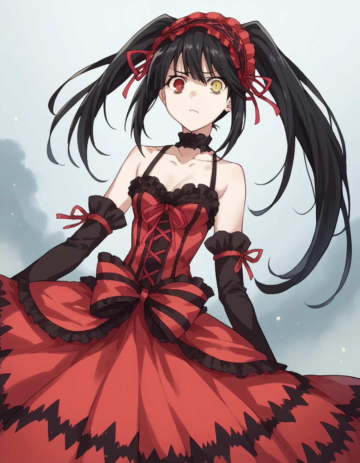 score_9, score_8_up, score_7_up, source_anime,
kurumitokisaki, <lora:kurumi-tokisaki-ponyxl-lora-nochekaiser:1>,
kurumi tokisaki astral dress, long hair, black hair, red eyes, twintails, yellow eyes, hairband, heterochromia, dress, red dress, bare shoulders, collarbone, choker, bowtie, red bowtie, detached sleeves, corset, frills,
scared, <lora:fog-ponyxl-lora-nochekaiser:1>, fog,
looking at viewer, cowboy shot, dutch angle, solo,