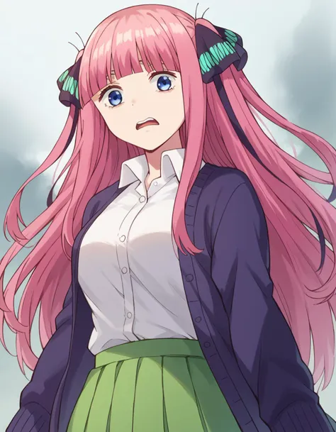 score_9, score_8_up, score_7_up, source_anime,
ninonakano, <lora:nino-nakano-s1-ponyxl-lora-nochekaiser:1>,
nino nakano, long hair, bangs, blue eyes, hair ornament, hair ribbon, pink hair, blunt bangs, two side up, butterfly hair ornament, mature female,
skirt, shirt, long sleeves, white shirt, pleated skirt, open clothes, collared shirt, sleeves past wrists, dress shirt, cardigan, green skirt, open cardigan, black cardigan,
scared, <lora:fog-ponyxl-lora-nochekaiser:1>, fog,
looking at viewer, cowboy shot, dutch angle, solo,