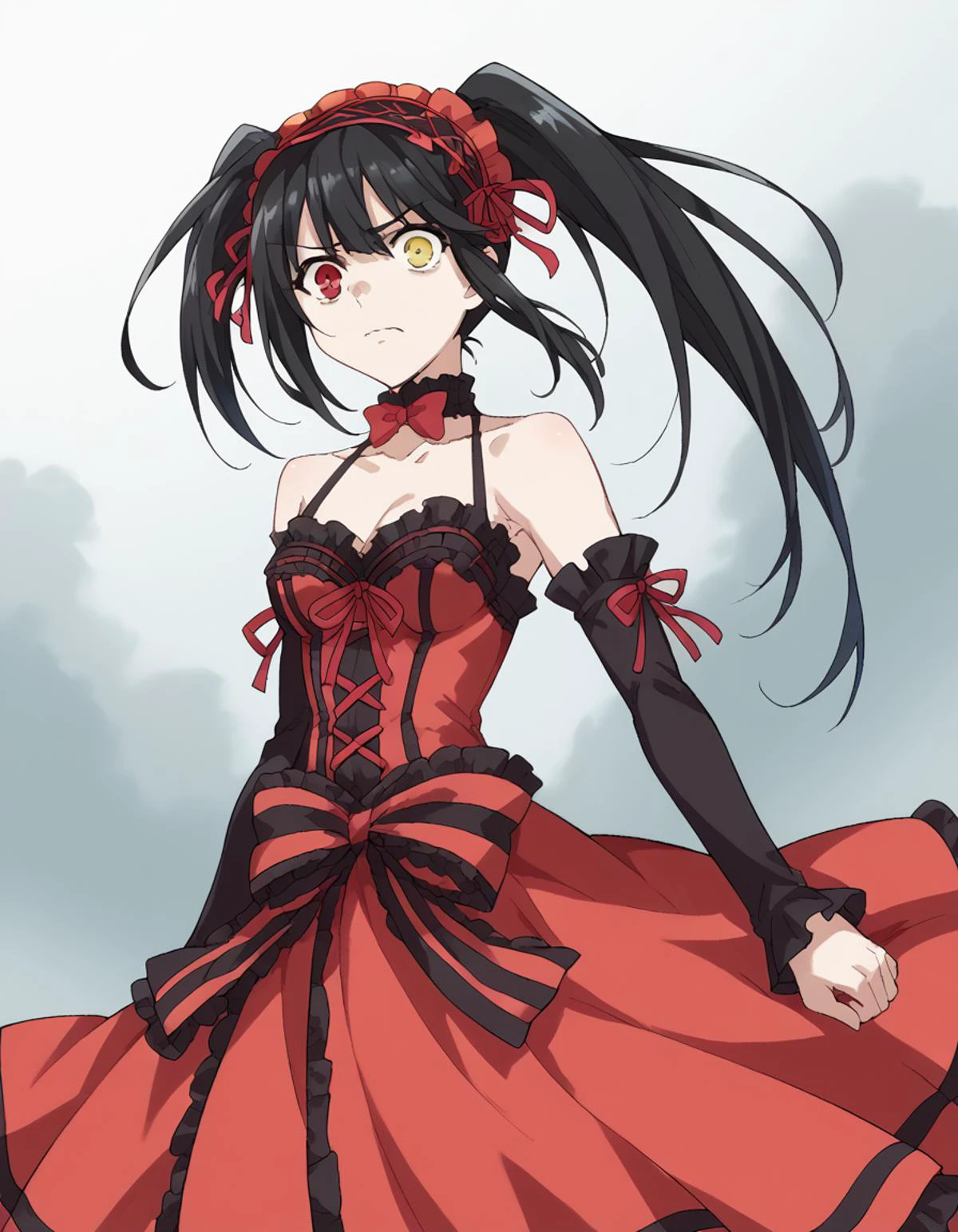 score_9, score_8_up, score_7_up, source_anime,
kurumitokisaki, <lora:kurumi-tokisaki-ponyxl-lora-nochekaiser:1>,
kurumi tokisaki astral dress, long hair, black hair, red eyes, twintails, yellow eyes, hairband, heterochromia, dress, red dress, bare shoulders, collarbone, choker, bowtie, red bowtie, detached sleeves, corset, frills,
scared, <lora:fog-ponyxl-lora-nochekaiser:1>, fog,
looking at viewer, cowboy shot, dutch angle, solo,