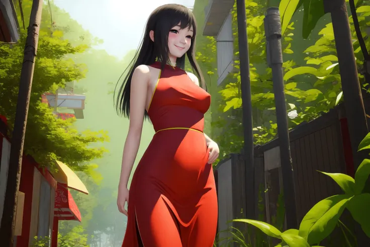 wide shot, solo, 1girl, looking away, smile, blush, vietnamese dress, medium breasts, sidelighting, Throatwort \(flower\), jungle <lora:Hs2Def_style_v03:1>