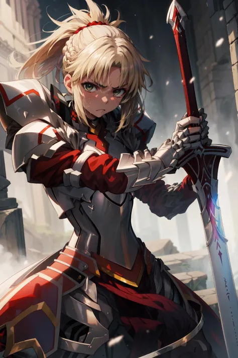 masterpiece,best quality,1girl,mordred \(fate\),MordredArmorNoHelmet,(holding sword,greatsword,clarent \(fate\)),serious,sweatdrop,fighting stance,<lora:MordredPendragon:0.8>,