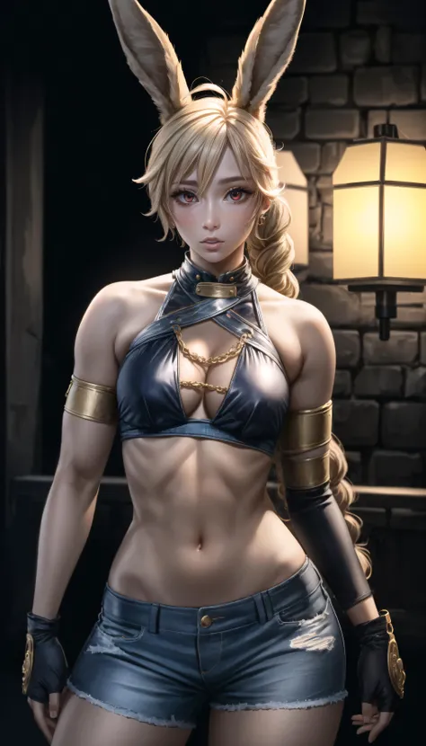 (cowboy shot), sfw, (masterpiece), (best quality:1.0), (ultra highres:1.0), detailed eyes,
BREAK
<lora:Nashetania-000006:0.6> Nashetania. 1girl, fake rabbit ears, braided ponytail, red eyes
<lyco:edgFemaleWresting, wearing edgfewr_costume:0.8> edgFemaleWresting, wearing edgfewr_costume, fishnet midriff, fingerless gloves, gold chain, jean shorts
BREAK
(octagon, indoors, gorgeous view)