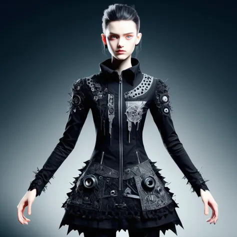 ((realistic,digital art)), (hyper detailed),donmcr33pyn1ghtm4r3xl  upper body clothing,  Eyelet, Chrono Displacement Print,, Ceramic, Long Sleeves, High-Low Hemline, Drop Waist,  Closure Type,,Embroidery,,Collar,,Cutout Details, Zipper Closure,,Slit Details,  , lower body clothing, Sonic Soundwave Nanofiber, , Limestone, Slim Fit, Empire Waist,  Reinforced Knees,,Illusion Back,,Patchwork  ,  <lora:Creepy_Nightmare-000014XL:1>