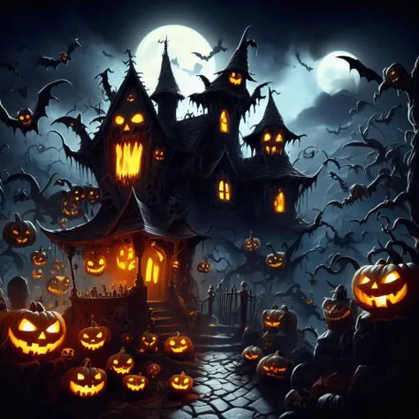 ((realistic,digital art)), (hyper detailed),donmcr33pyn1ghtm4r3xl Witches' Lair, Haunted, Jack-o'-Lanterns, Gargoyles, Spooky Shadows, Gothic, <lora:Creepy_Nightmare-000014XL:1>