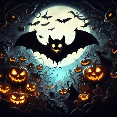 ((realistic,digital art)), (hyper detailed),donmcr33pyn1ghtm4r3xl Spellbinding Lovecraftian Classic Monster Creepy Forest Bat-shaped Cookies Black Cats Maleficent Smirk Spooky Shadows Vampire Fangs Visiting Pumpkin Patches, <lora:Creepy_Nightmare-000014XL:1>
