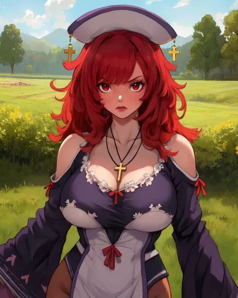 Priere,red eyes,red hair,
hat,dress,pantyhose,gloves,cross,necklace,wide sleeves,
standing,upper body,large breasts,
farm,stars,
(insanely detailed, beautiful detailed face, masterpiece, best quality),solo,<lora:PriereHum:0.8>,