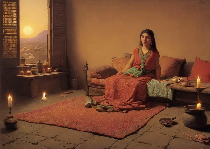 (full body, wide angle clean coherent scene:1.2), (Brittanic:1.3) (woman:1.0), (sunset:1.2) (surrounded by cozy, candlelit:1.2), (wide-set eyes,:1.2) (), (simple open vest, vibrant clothes, , showing-skin,:1.0) (orientalism painting by Jean Leon Gerome:1.2), (1970s grainy analog, pores:1.0) <lora:ori4:0.3>