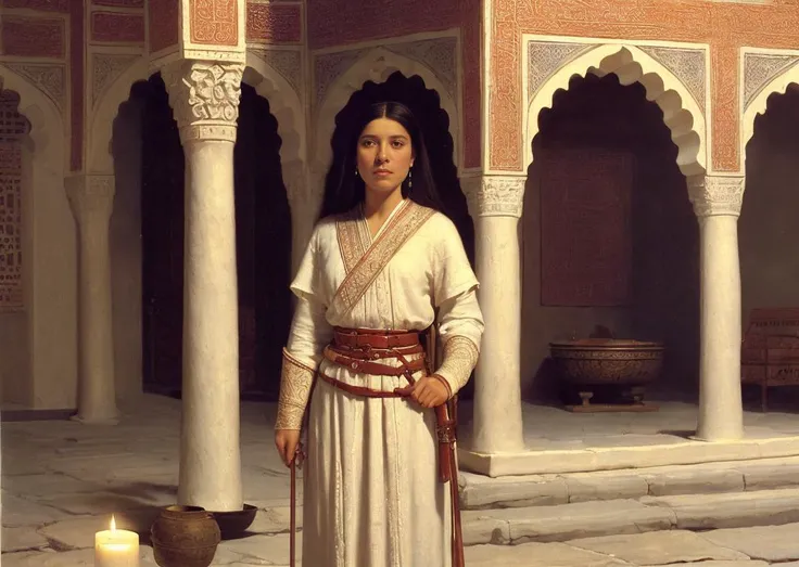 (full body, wide angle clean coherent scene:1.2), (Nordic:1.3) (woman:1.0), (candles:1.2) (surrounded by spacious courtyard:1.2), (wide-set eyes,:1.2) (), (simple cuirass, belt, , prince outfit,:1.0) (orientalism painting by Jean Leon Gerome:1.2), (1970s grainy analog, pores:1.0) <lora:ori4:0.3>