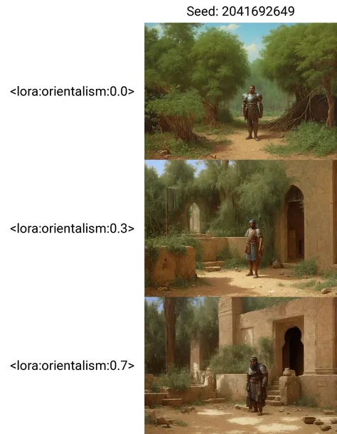 (full body, wide angle clean coherent scene:1.2), (man wearing heavy armor:1.0), (surrounded by overgrown ruin:1.2), (orientalism painting by Jean Leon Gerome:1.1), (1970s grainy analog, pores:1.0) <lora:orientalism:0.0>