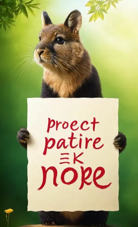 best quality, masterpiece, creative bio poster, animal, kungfu,  complex background, Holding a piece of paper with the words "Protect Nature" written on it<lora:åæ:0.8>