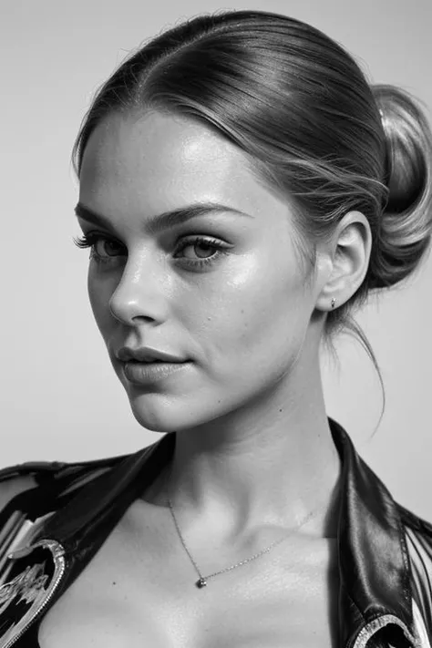 evalyn_noexist, face, monochrome, portrait, 1940's hairdo, headshot, ponytail, ((cleavage)), formal hairstyle, flirty, parted lips, (looking at viewer)