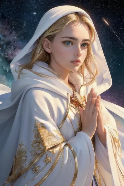 (Masterpiece, Top Quality, Best Quality, Official Art, Beauty and Aesthetics: 1.2), (1 Girl), Extreme Detail, (Fractal Art: 1.3), Colorful, Supreme Detail, Perfect Face, Upper Body, HDR, Prayer, (White Cloak Golden Lines: 1.2), Starry Sky, Shooting Star, Light Stripes, Surrealism. evalyn_noexist