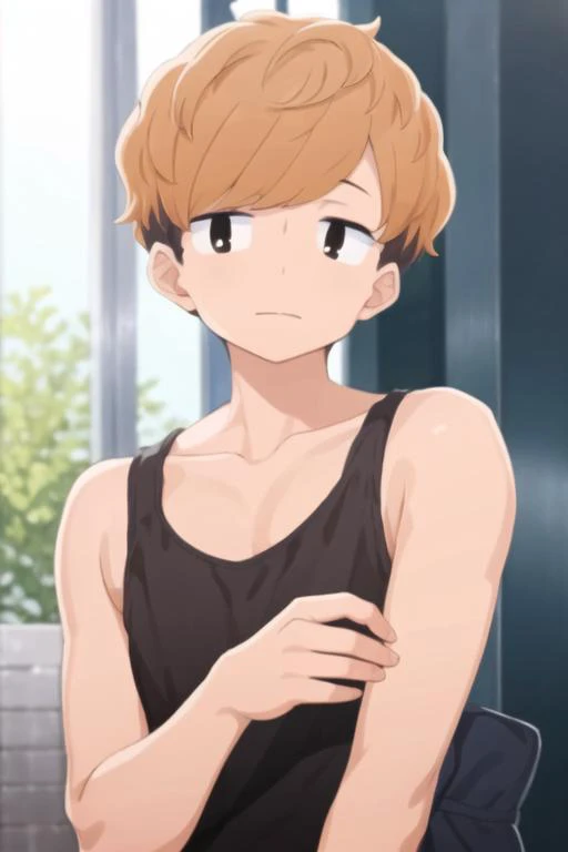 masterpiece, best quality, high quality, 1boy, solo, male focus, looking at viewer, upper body, <lora:haruya_nanjou:0.82>, haruya_nanjou, brown hair, two-tone hair, black hair, , tank top