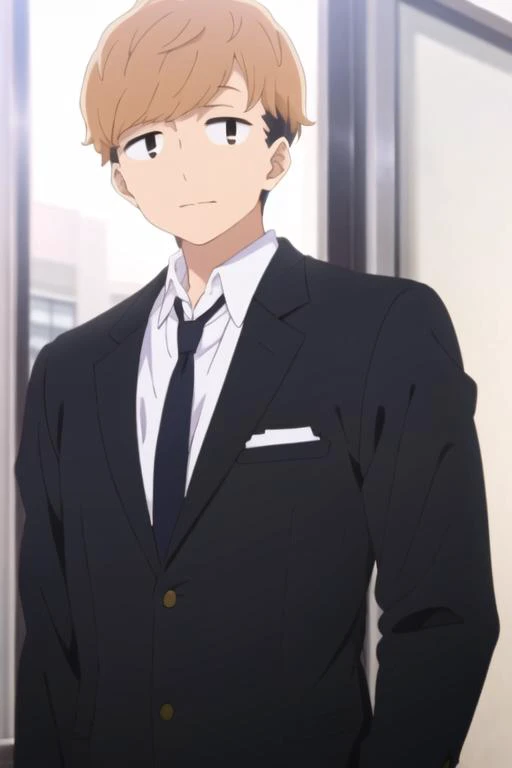 masterpiece, best quality, high quality, 1boy, solo, male focus, looking at viewer, upper body, <lora:haruya_nanjou:0.78>, haruya_nanjou, brown hair, two-tone hair, black hair, realistic, formal, necktie, dress shirt