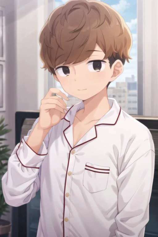 masterpiece, best quality, high quality, 1boy, solo, male focus, looking at viewer, upper body, <lora:haruya_nanjou:0.82>, haruya_nanjou, brown hair, two-tone hair, black hair, , pajamas