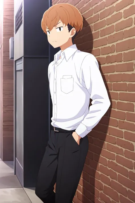 masterpiece, best quality, 1boy, haruya_nanjou, portrait, cowboy shot, against wall, brick wall, brown hair, two-tone hair, black eyes, annoyed, dress shirt, black pants, hands in pockets,