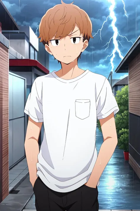 masterpiece, best quality, 1boy, solo, haruya_nanjou, looking at viewer, walking, upper body, brown hair, two-tone hair, black eyes, annoyed, white t-shirt, black pants, hands in pockets, rain, storm, wet hair, lightning, street,