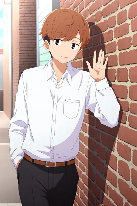 masterpiece, best quality, 1boy, haruya_nanjou, looking at viewer, cowboy shot, against wall, brick wall, brown hair, two-tone hair, black eyes, light smile, dress shirt, black pants, hand in pocket, hand up, waving,