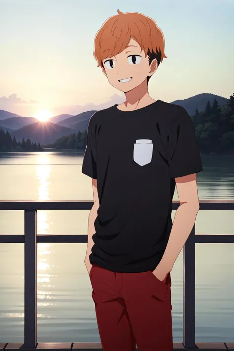 masterpiece, best quality, 1boy, solo, haruya_nanjou, cowboy shot, against railing, brown hair, two-tone hair, black eyes, grin, (casual), black t-shirt, red pants, hands in pockets, park, water, sunset, mountain,
